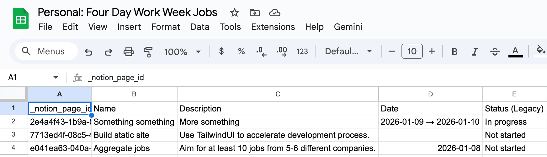 Notion database synced to Google Sheets