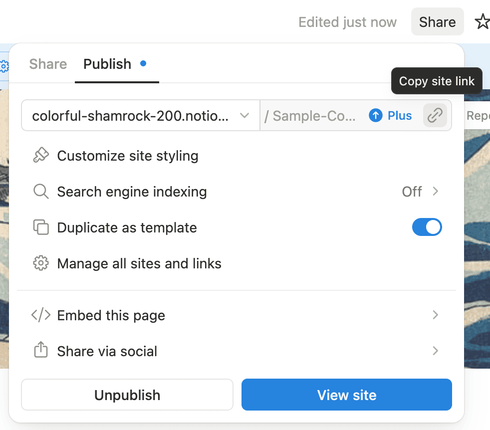 Notion Publish menu showing the Copy site link button and View site button