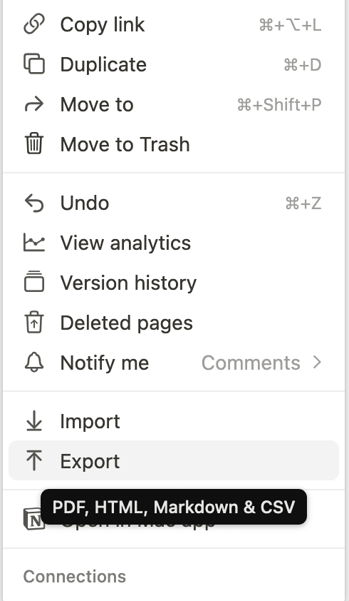 Exporting a single page to Markdown in Notion (sidebar menu)