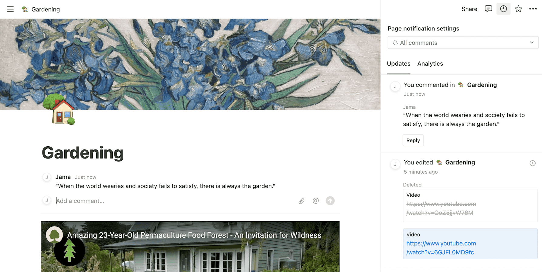 Updates section, showing all page updates