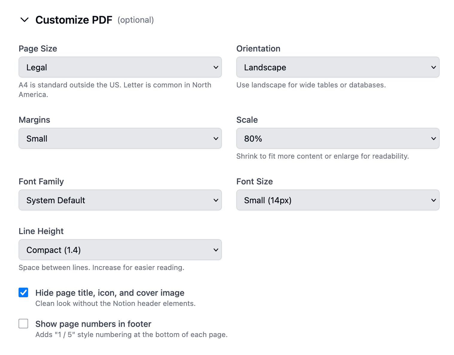 PDF customization options including page size, orientation, margins, scale, font settings, and checkboxes for hiding title and showing page numbers