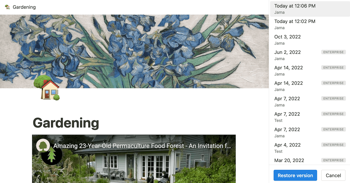 Page History section, allowing you to restore to previous versions of the page