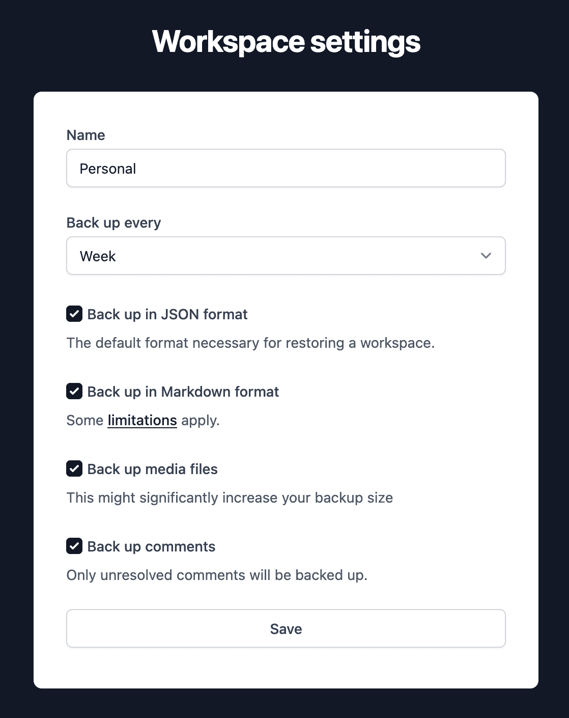 Notion workspace and backup settings